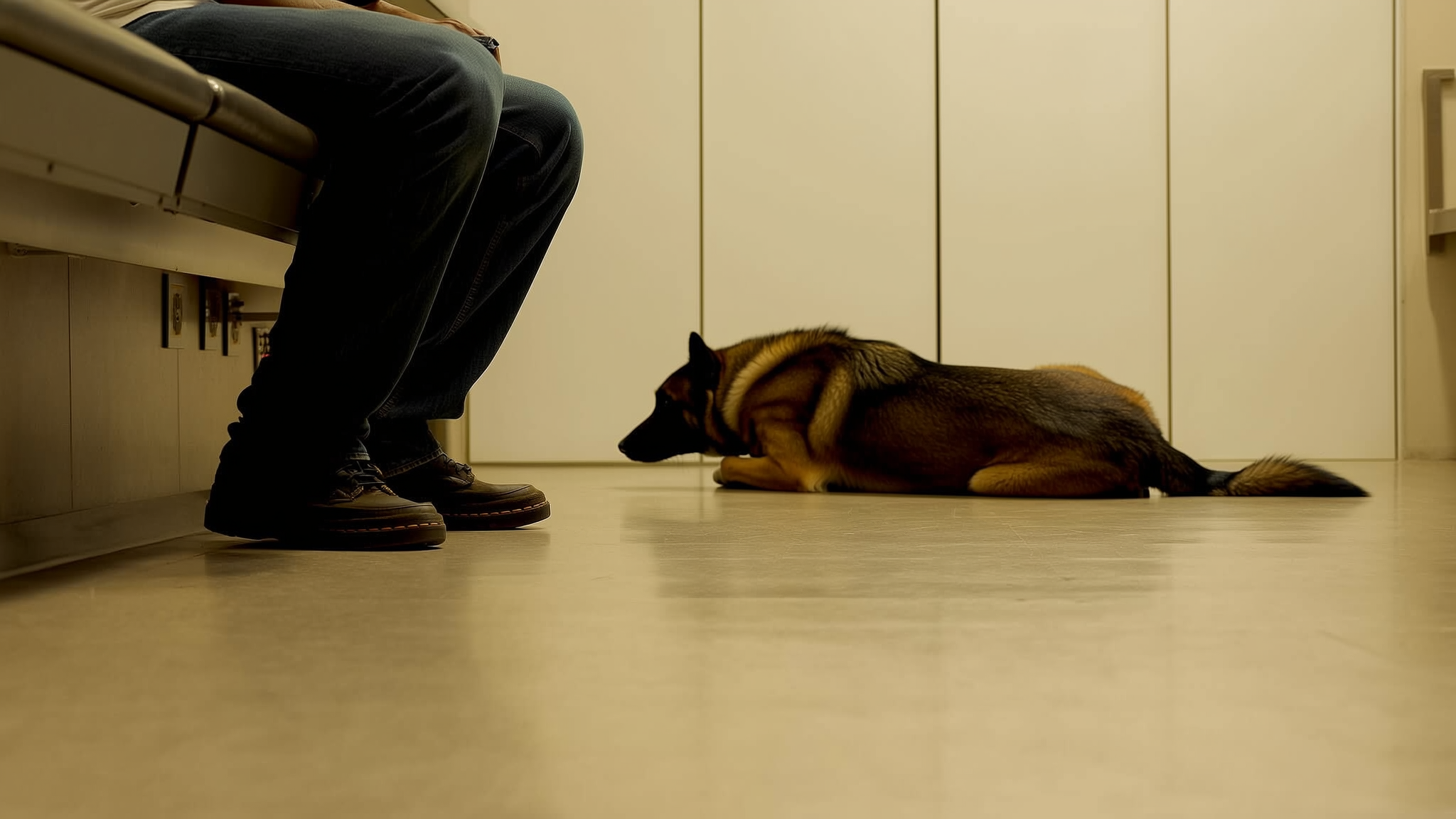 Een hond ligt ontspannen op de grond naast de stoel van zijn eigenaar.