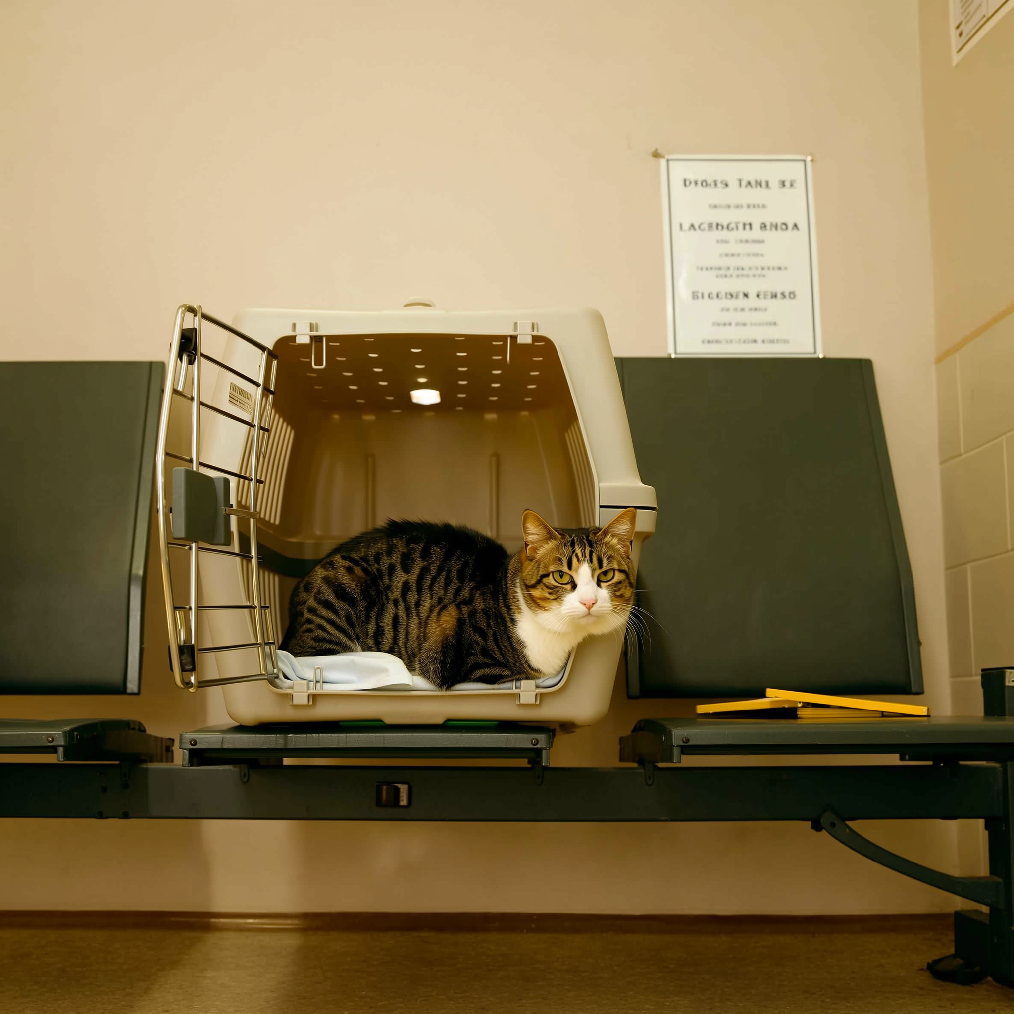 Een kat wacht rustig in de reismand op de bank in de wachtruimte.